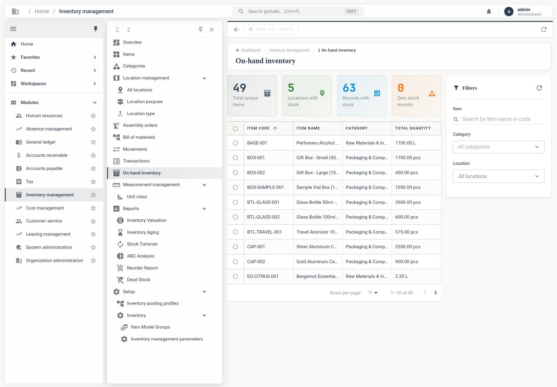 Acugnito ERP — On-hand inventory screen