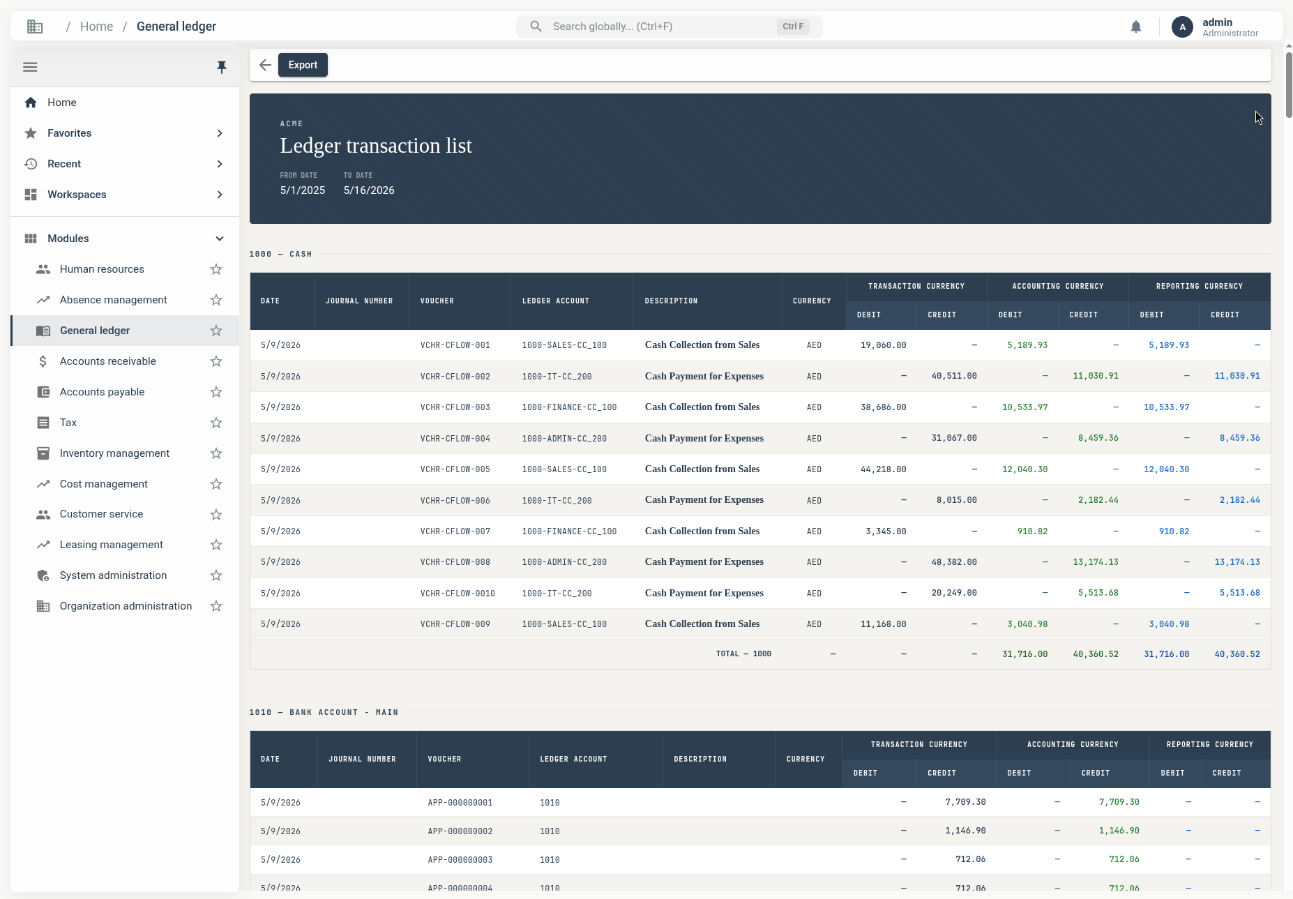 Acugnito ERP — Ledger transaction list
